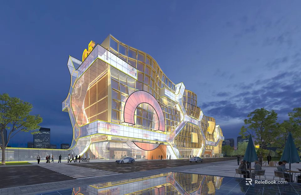 Modern Industrial Factory Exterior With Glass Curtain Wall Geometric Structure And Evening Lighting 3d model 