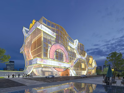Modern Industrial Factory Exterior With Glass Curtain Wall Geometric Structure And Evening Lighting 3d model