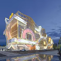 Modern Industrial Factory Exterior With Glass Curtain Wall Geometric Structure And Evening Lighting