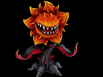 Cartoon Plant with Flame Orange Petals Toothy Center Black Stem Red Accents Wing Like Tentacles 3d model