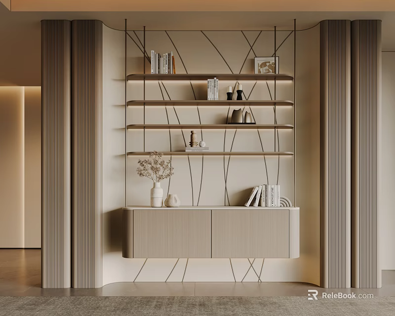 Modern Foyer Hallway With Geometric Line Shelf Storage Cabinet And Decorative Books Vase Frame 3d model 