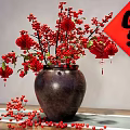 Traditional Chinese Ceramic Vase with Red Blossoms and Berries Near Fu Character Decoration