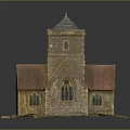 Traditional Stone Church Building With Red Roof Tower And Arched Windows