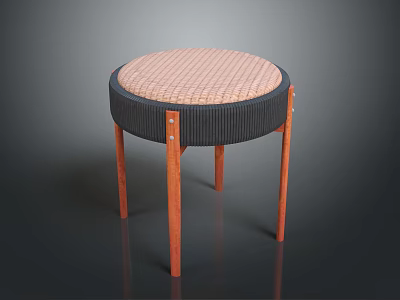 Round Striped Cushion Stool With Black Trim And Brown Wooden Legs 3d model