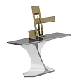 Modern Console Table Design With Gold Metal Legs White Top And Sculptures Vases
