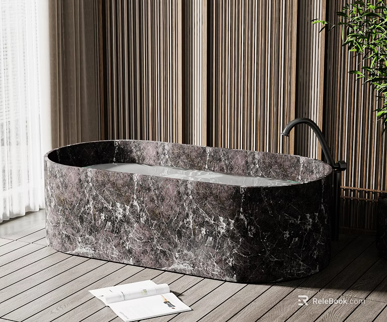 Oval Marble Bathtub In Bathroom With Wooden Slat Walls White Curtains And Green Plant 3d model 