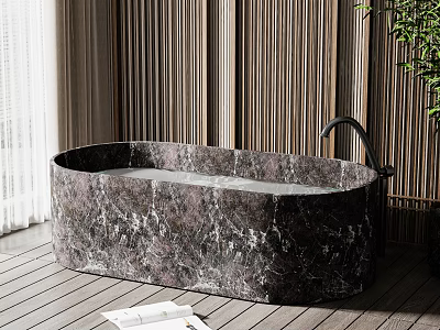 Oval Marble Bathtub In Bathroom With Wooden Slat Walls White Curtains And Green Plant 3d model