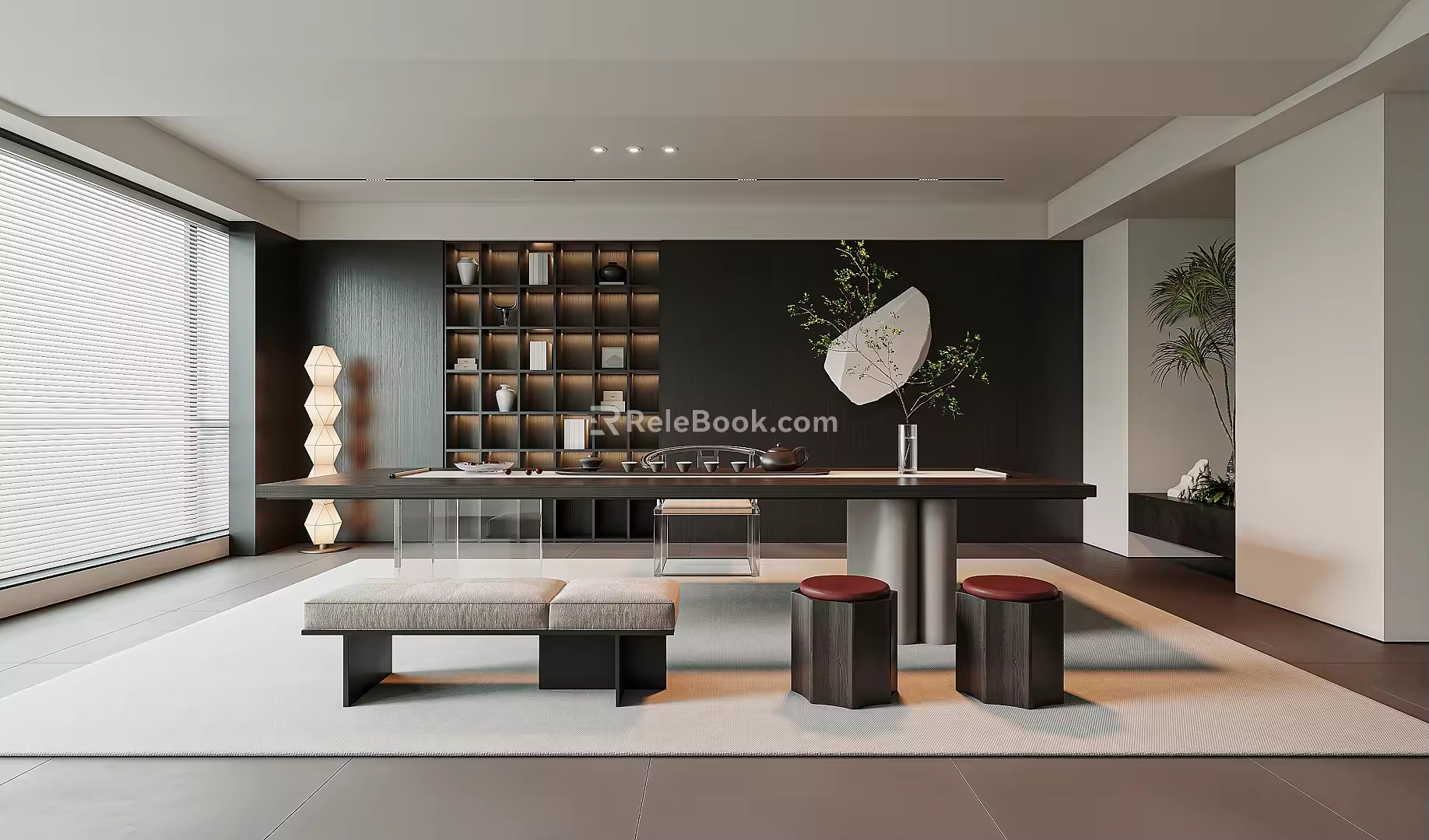 Modern Tea Room Tea Table and Chair Combination Low Stool Bench Tea Set Decorative Cabinet Background 3d model