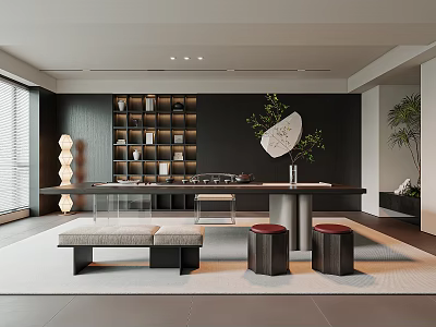 Modern Tea Room Interior With Long Table Bench Two Stools Open Shelves And Tea Sets 3d model