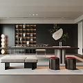 Modern Tea Room Tea Table and Chair Combination Low Stool Bench Tea Set Decorative Cabinet Background 3d model