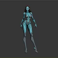 3D Female Character In Blue Bodysuit With Mechanical Lines Standing Pose And Long Hair
