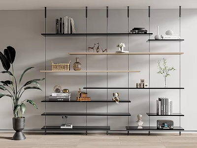 Modern Bookshelf With Black Metal Frame Wooden Shelves Books And Decorative Items 3d model