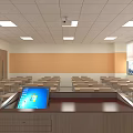 School Classroom Interior With Desks Chairs Blackboard Projection Screen And Lighting 3d model