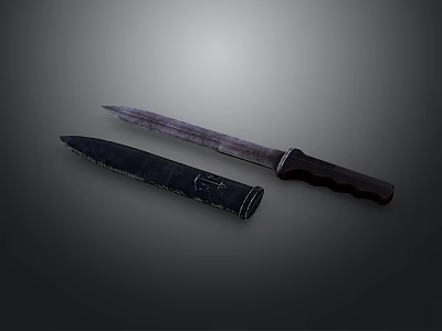Vintage Weapon Knife With Sharp Blade Black Leather Sheath And Wooden Handle 3d model