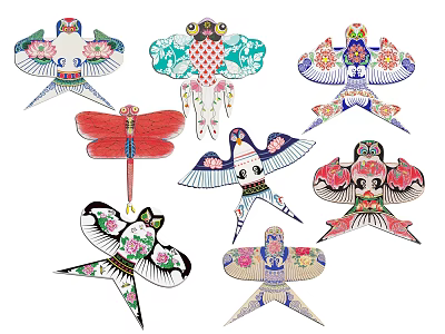 Kite Paper Kite Hand-painted Kite Paper-cut Cartoon Kite Origami Wild Goose Kite Dragonfly Kite Goldfish Kite 3d model