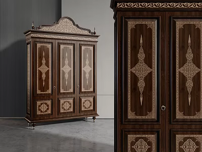 Classic Wooden Wardrobe With Ornate Carved Patterns And Double Door Design 3d model