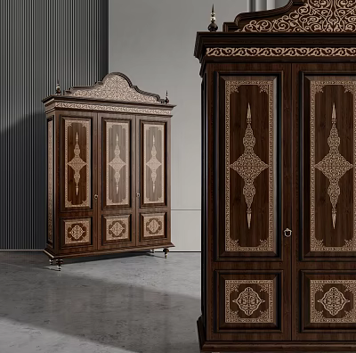 Classic Wooden Wardrobe With Ornate Carved Patterns And Double Door Design 3d model