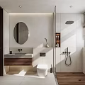 Modern Bathroom Interior With White Walls Oval Mirror Wooden Vanity Glass Shower And Natural Light