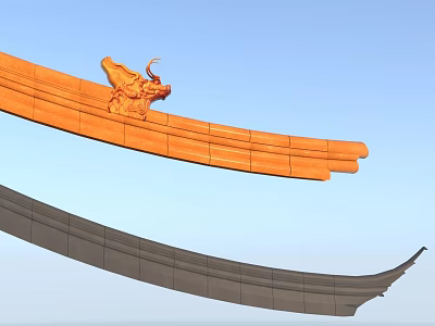 Traditional Chinese Architectural Roof Eave With Curved Gray Structure And Orange Horn Shaped Ornament 3d model