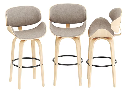 Modern Design Bar Stools With Wooden Legs Gray Fabric And Footrest Rings 3d model