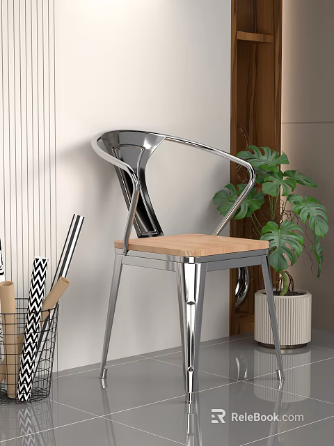 Leisure Chair With Metal Frame Wooden Seat Green Plant And Vertical Striped Wall Background 3d model 