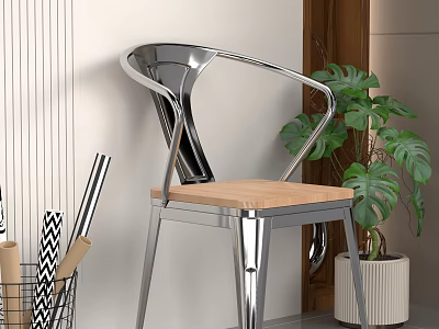 Leisure Chair With Metal Frame Wooden Seat Green Plant And Vertical Striped Wall Background 3d model