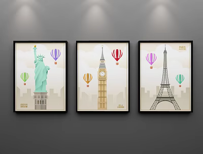 Nordic Architectural Painting Decorative Painting Architectural Art Painting Simple Triple Painting Living Room Frameless Painting 3d model