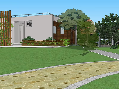 Modern House Exterior Design With Lawn Stone Path Trees And Green Landscape 3d model