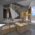 Modern Industrial Café Interior With Hanging Bicycle Staircase And Wooden Accents