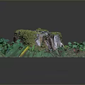 Natural Wooden Stump Covered with Moss and Surrounded by Green Leaves and Fallen Leaves