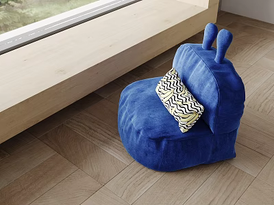 Cozy Blue Single Sofa With Ear Shaped Design And Wavy Pattern Cushion On Wooden Floor 3d model