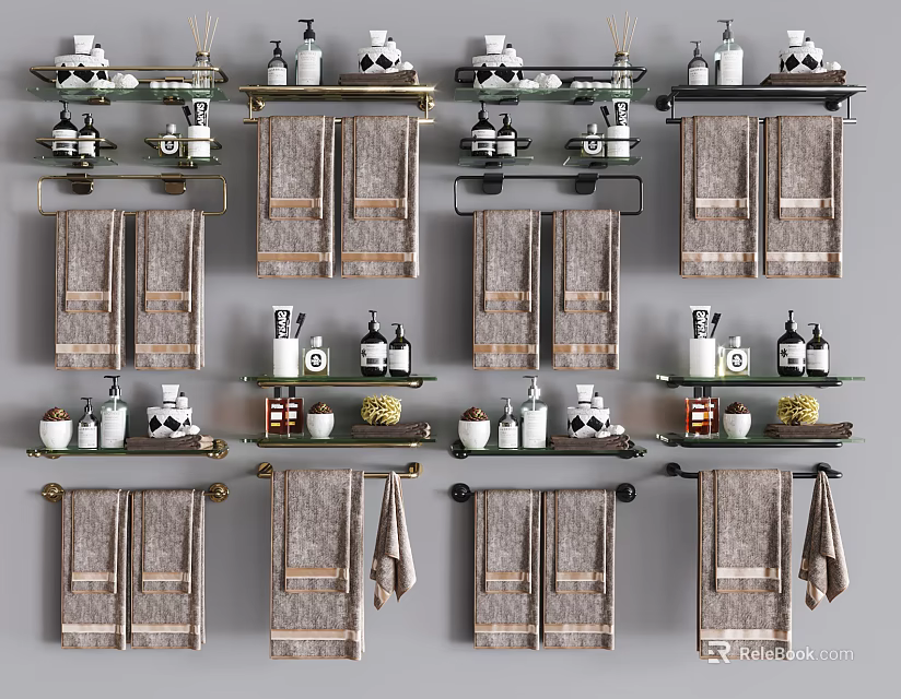 Stylish Organized Bathroom Cabinet Rack With Multiple Shelves Towels Toiletries Bottles And Storage Jars 3d model 