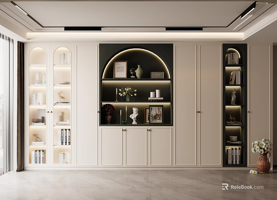 Modern Wine Cabinet Interior Design With Open Shelves Decorative Items And Lighting 3d model 