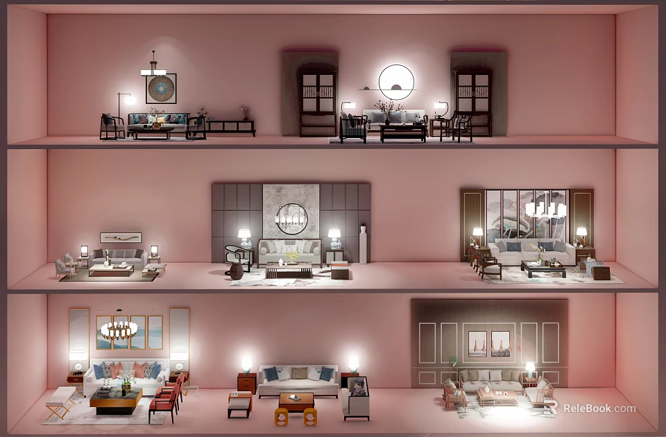 Modern Living Room Sofa Coffee Table Combination With Stylish Decor And Lighting 3d model 