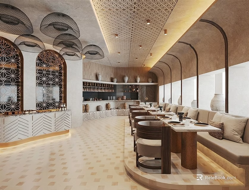 Elegant Restaurant Interior With Arched Design Pendant Lights And Comfortable Seating 3d model