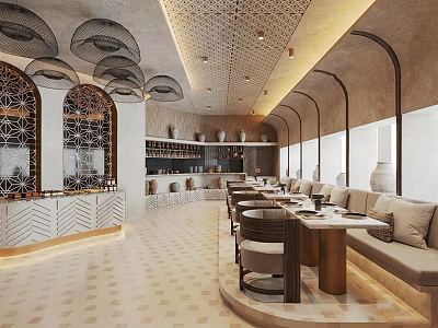 Elegant Restaurant Interior With Arched Design Pendant Lights And Comfortable Seating 3d model