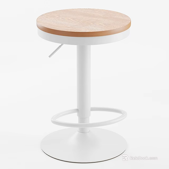 Modern Round Stool With Wooden Seat And White Metal Frame Including Circular Footrest Design 3d model 