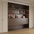 Modern Minimalist Sideboard With Open Shelves Dark Wood Drawers And Decorative Items