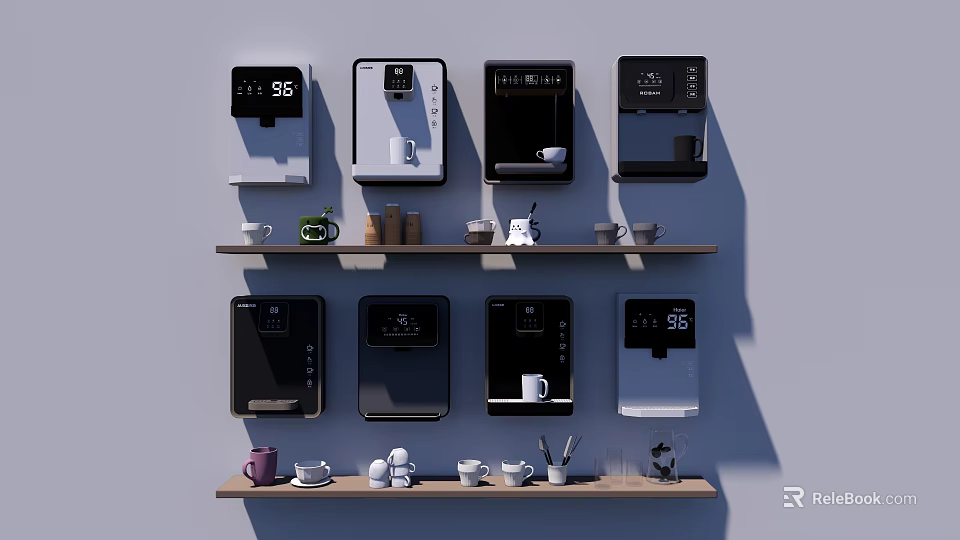 Modern Kitchen Interior Featuring Wall Mounted Appliances And Wooden Shelves With Cups 3d model 