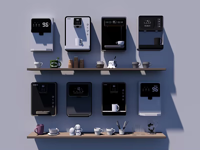 Modern Kitchen Interior Featuring Wall Mounted Appliances And Wooden Shelves With Cups 3d model