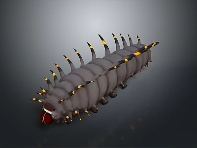 Gray Caterpillar Shaped Decorative Ornament With Red Head And Yellow Tipped Spikes For Home Decor 3d model