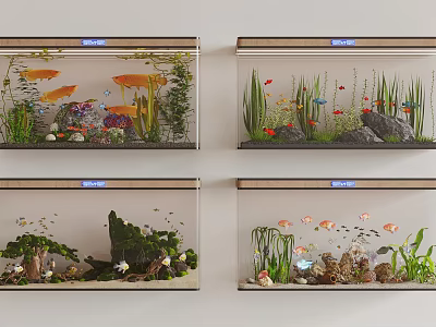 Four Different Aquarium Setups With Colorful Fish Aquatic Plants And Decorative Rocks 3d model