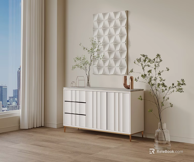 White Console Cabinet with Drawers Gold Trim Potted Plants and Textured Wall Art 3d model 