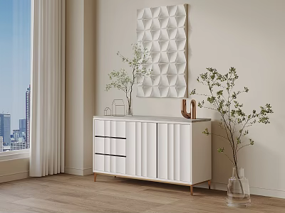 White Console Cabinet with Drawers Gold Trim Potted Plants and Textured Wall Art 3d model