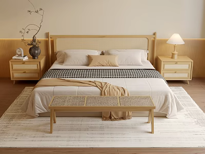 Cozy Minimalist Double Bed Interior with Wooden Woven Headboard Nightstands Table Lamp and Bench 3d model