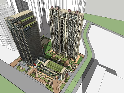 Modern Commercial Complex with High Rise Buildings Greenery and Plaza Area 3d model