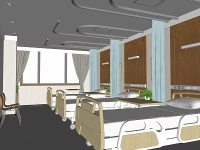 Modern Hospital Ward Interior With Multiple Beds Wooden Walls Windows And Curtains 3d model