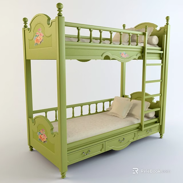 Green Bunk Bed With Carved Floral Details Lower Drawers And Soft Pillows For Kids Bedroom 3d model 