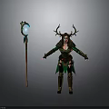 Nature Inspired Antlered Female Druid In Green Outfit With Wooden Magic Staff And Glowing Orb