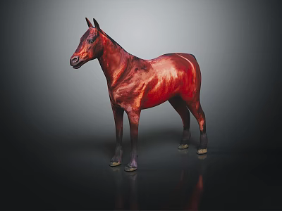 Detailed Red Horse Statue With Glossy Surface Standing On Reflective Black Floor 3d model